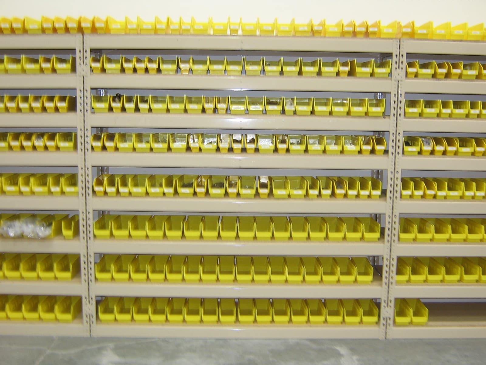 Industrial pick bin shelving for warehouse parts storage